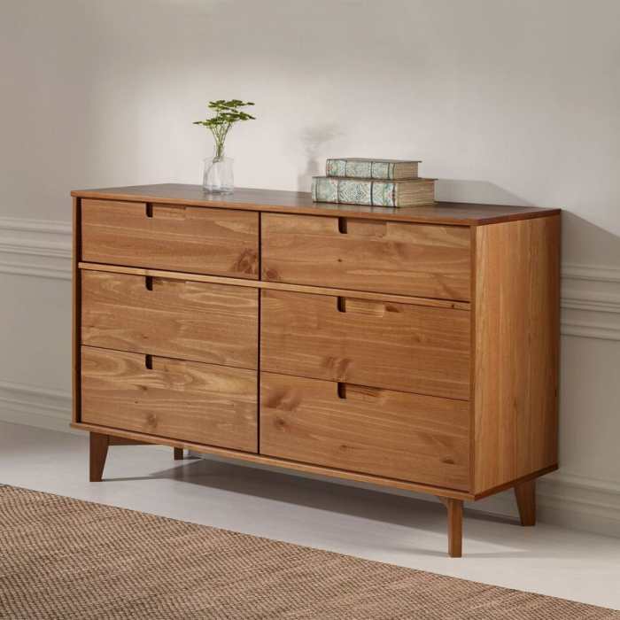 6 Drawer Mid Century Modern Wood Dresser - Caramel at Futonland